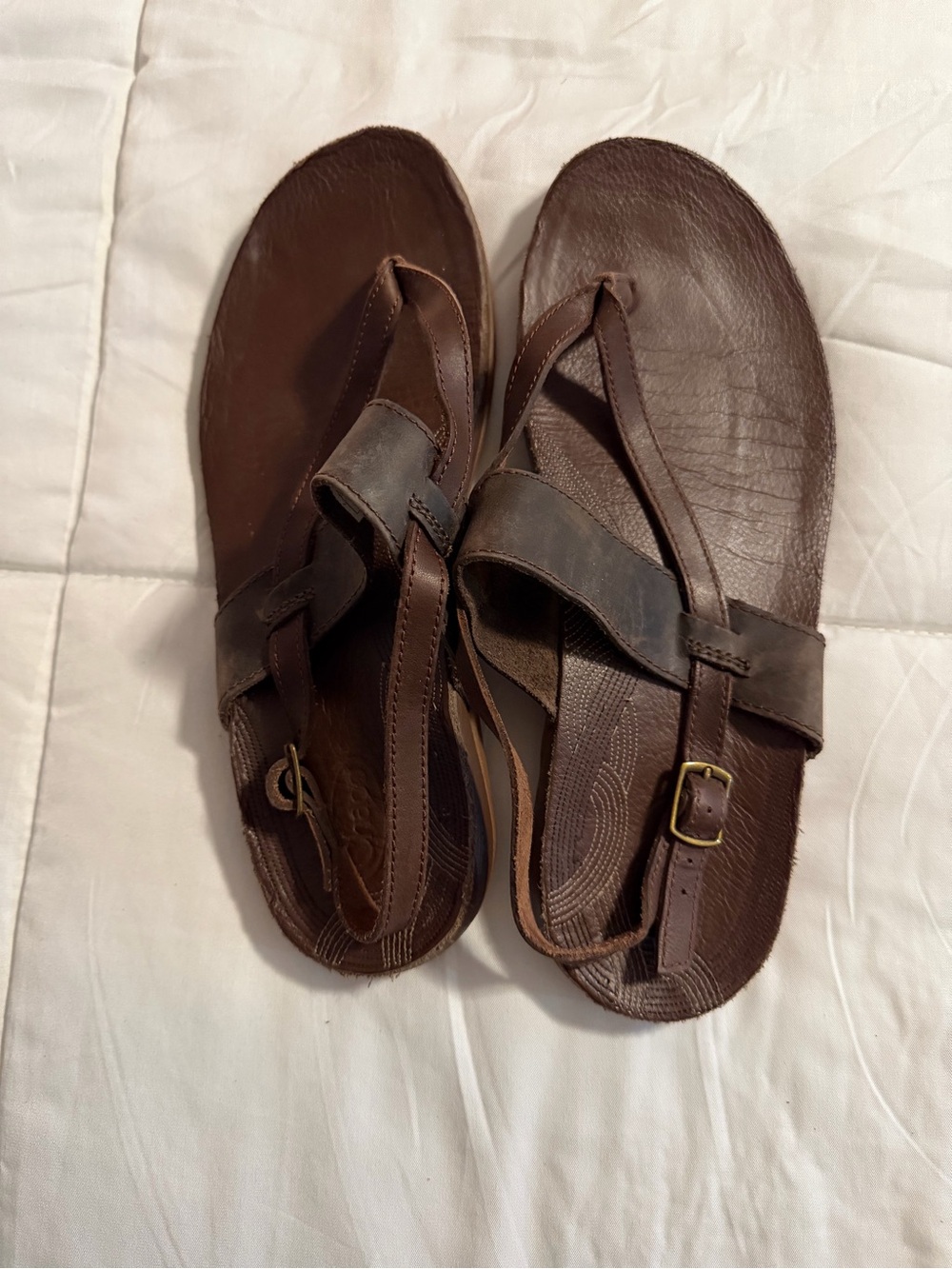 Chaco Brown Leather Thong Sandals with Adjustable Buckle Straps